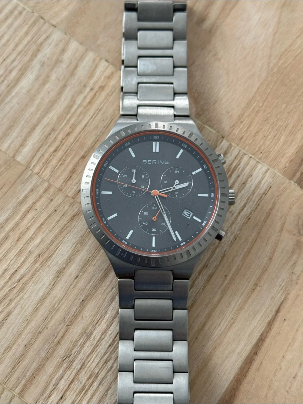 Bering Titanium Chronograph Mens Watch All Titanium Bracelet Case Black Dial